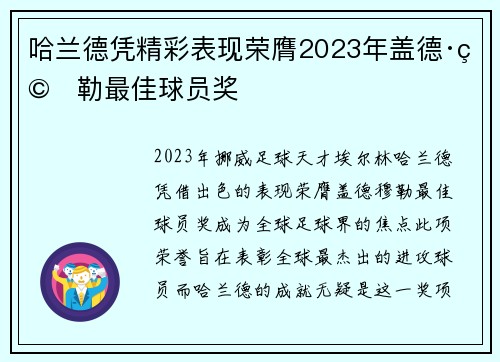 哈兰德凭精彩表现荣膺2023年盖德·穆勒最佳球员奖 哈兰德凭精彩表现荣膺2023年盖德·穆勒最佳球员奖